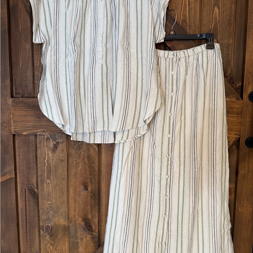 Splendid Cream, Blue, and Light Green Striped Maxi Skirt and Button Down Top